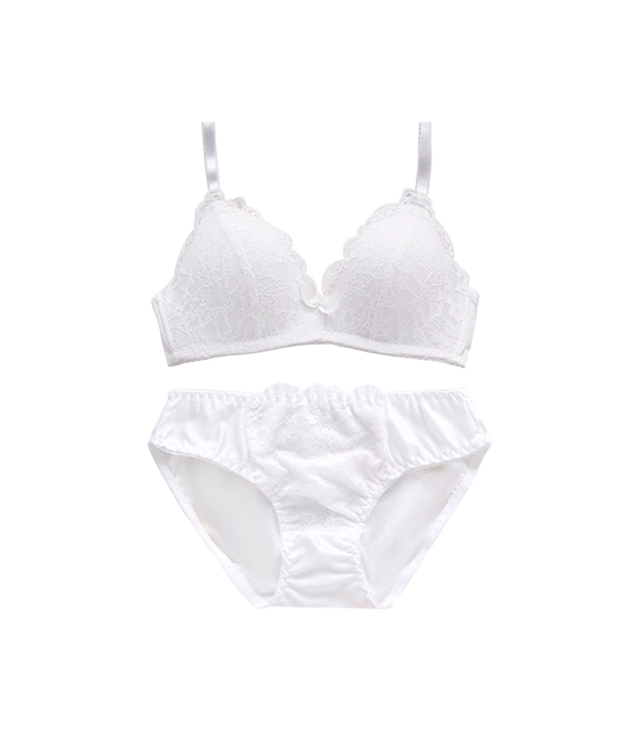 Light Weighted Deep V Lace Wireless Bra Set White