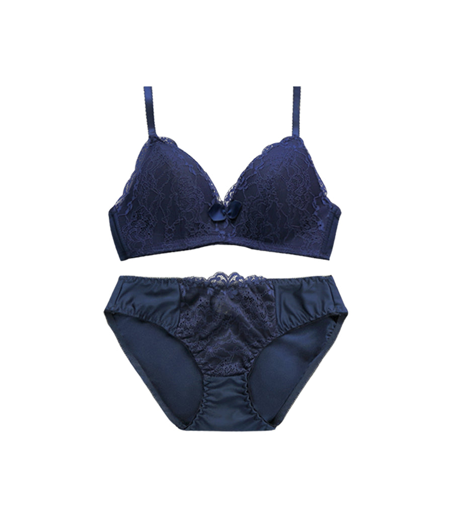 Light Weighted Deep V Lace Wireless Bra Set Dark Blue