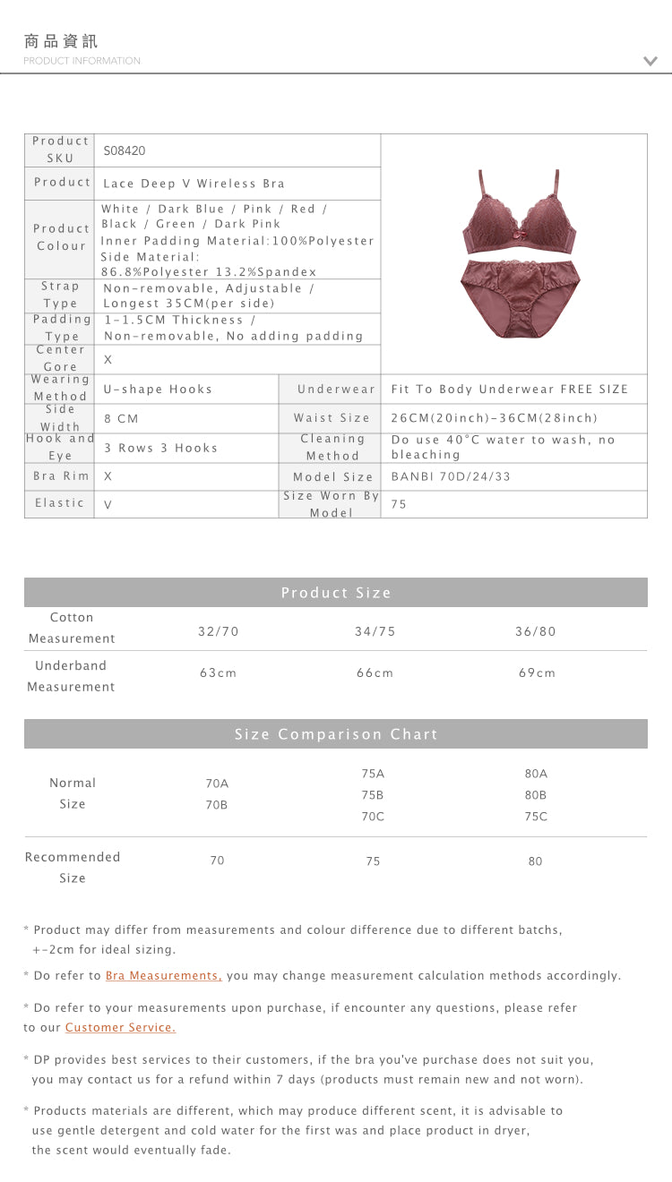 Light Weighted Deep V Lace Wireless Bra Set Pink