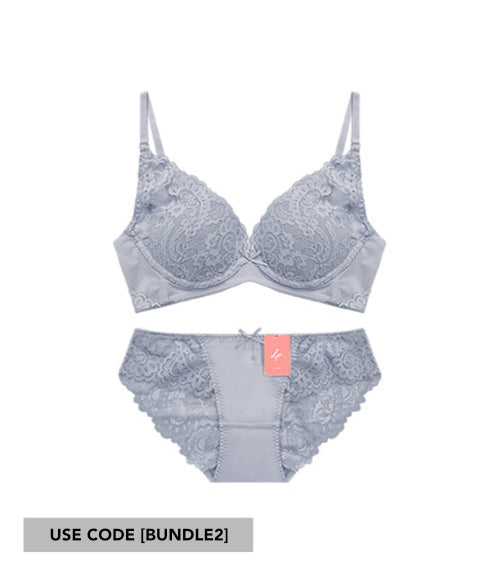 Girly - Eyelash Lace Deep V 
Fluffy Cotton Soft Wire Bra Set Elegant Sky Grey