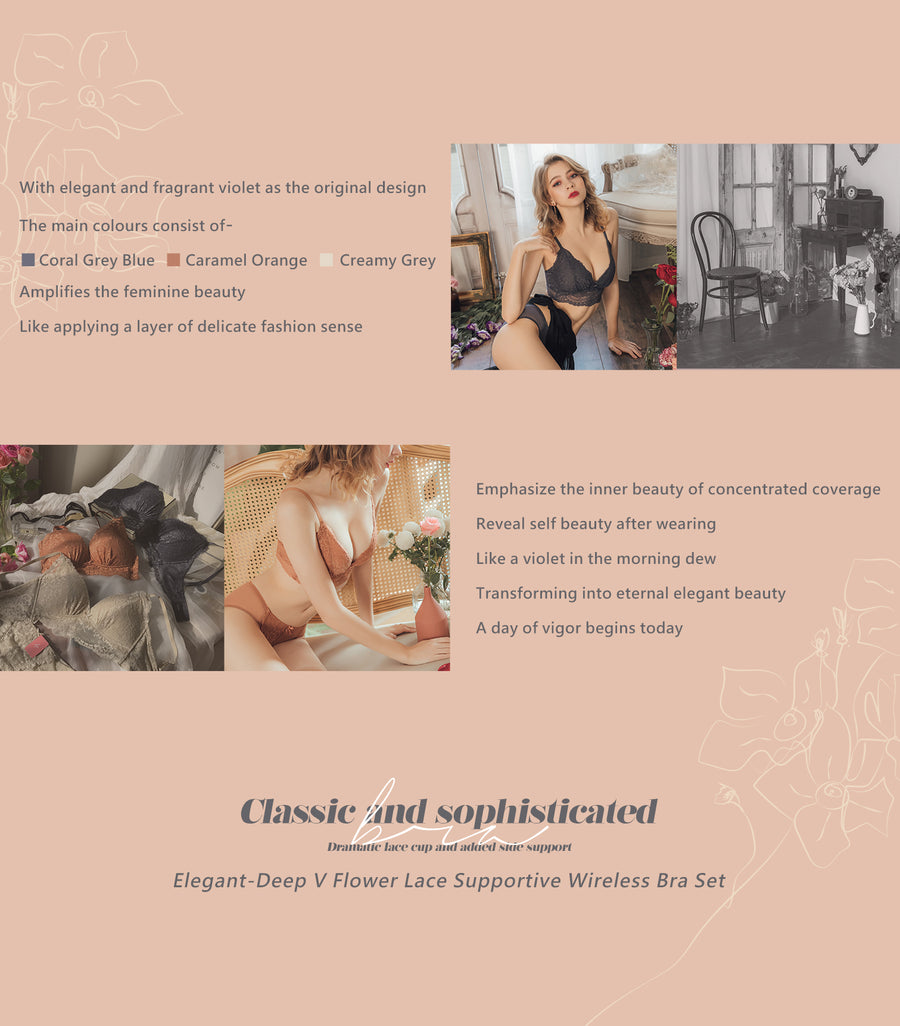 Elegant - Deep V Flower Lace Supportive 
Wireless Bra Set Coral Grey Blue