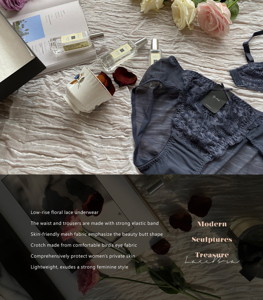 Elegant - Deep V Flower Lace Supportive 
Wireless Bra Set Coral Grey Blue