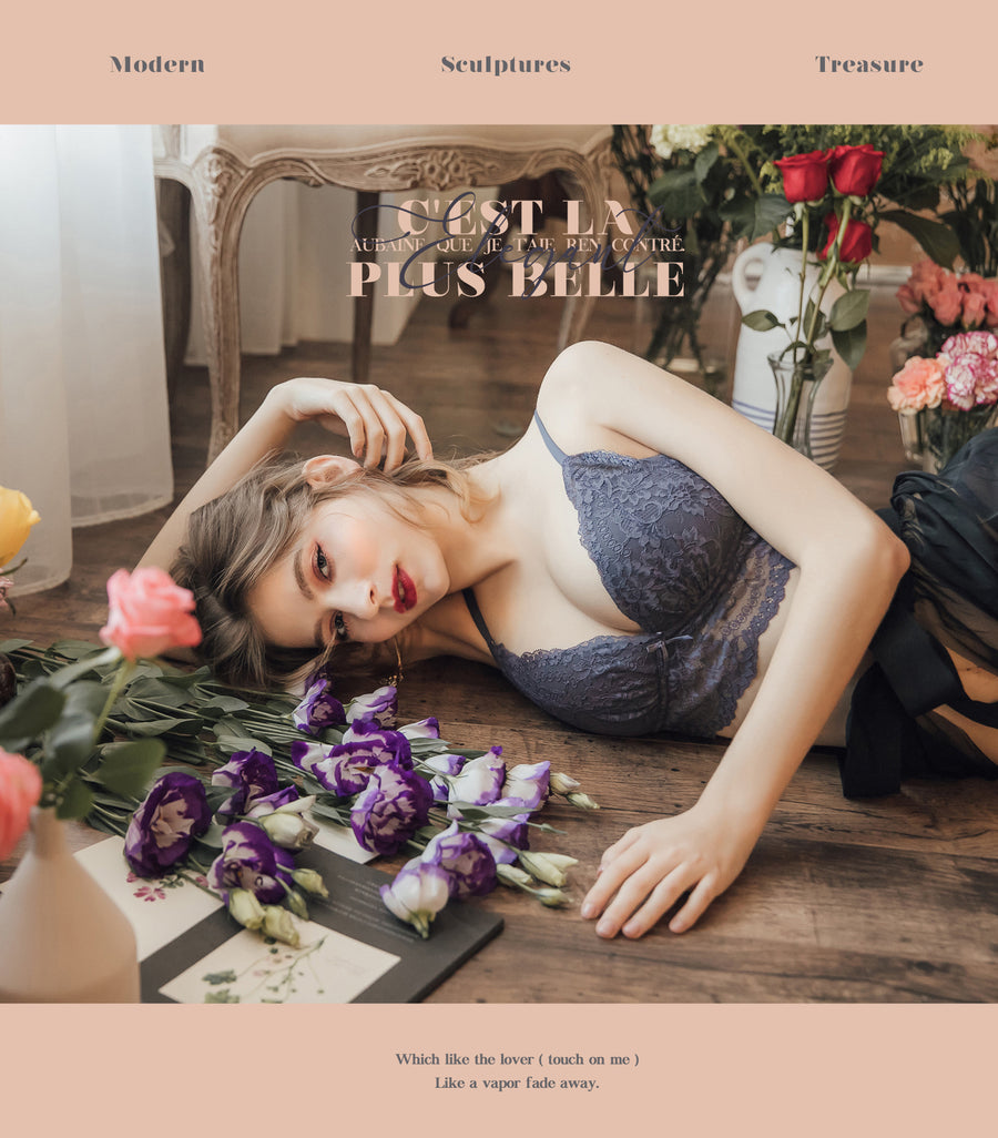 Elegant - Deep V Flower Lace Supportive 
Wireless Bra Set Coral Grey Blue