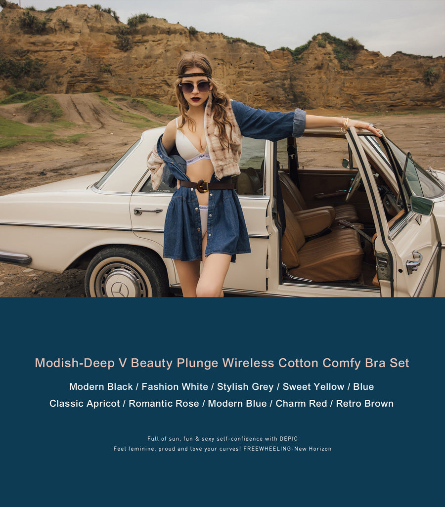 MODISH - Deep V Beauty Plunge Wireless Cotton Comfy Bra Set Blue