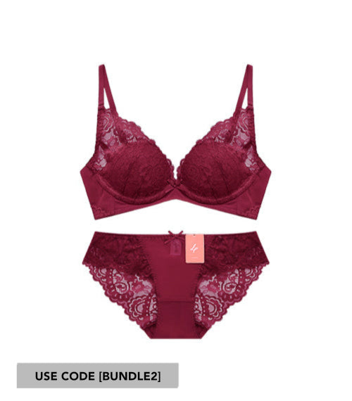 Girly - Eyelash Lace Deep V 
Fluffy Cotton Soft Wire Bra Set Rosey Red